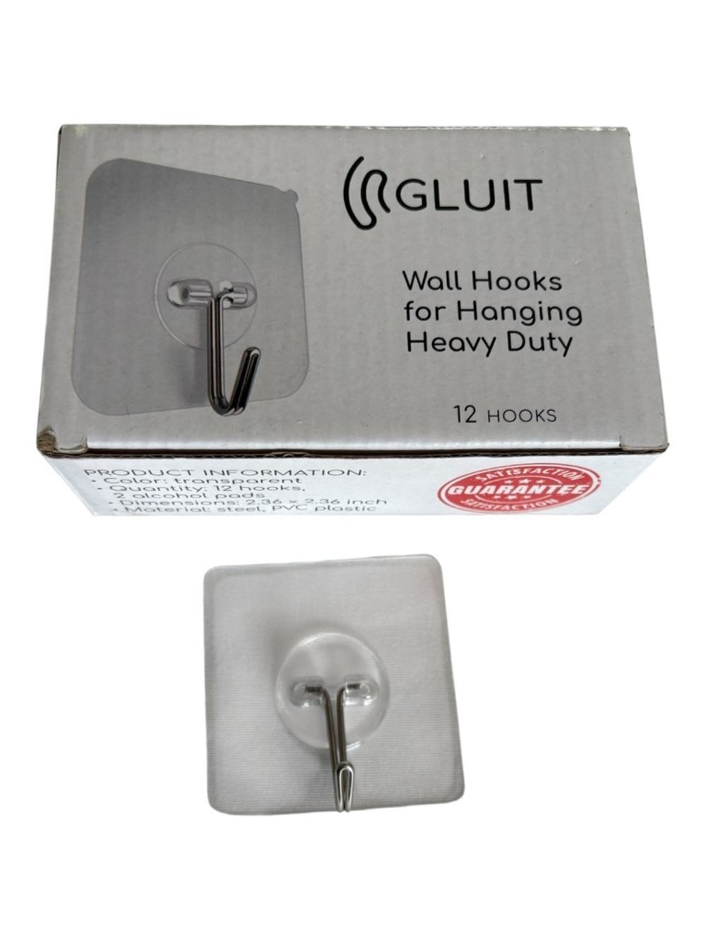 GLUIT Heavy Duty Wall Hooks - Clear with Silver Hooks (12 Pack)